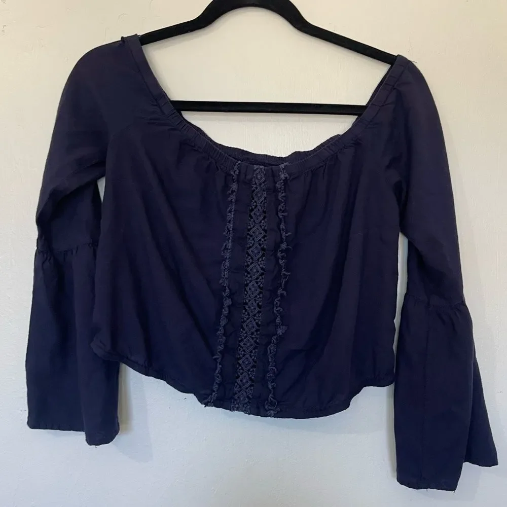 Rue21 Blue Crop Top with Lace Detail & Bell Sleeves - Picture 1 of 5